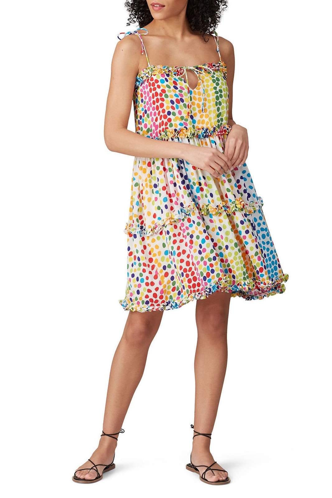 All Things Mochi Blessica Rainbow Polka Dot Print Tiered Silk Mini Dress Sz S